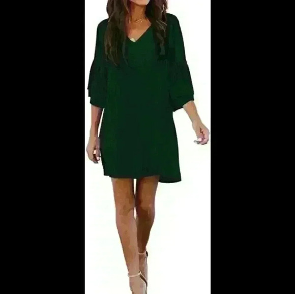 Forever 21 mini day 2 nite poly blend trendy green bell long sleeve dress L - Picture 1 of 7